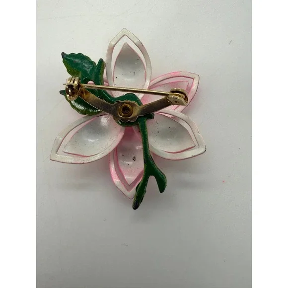 Vintage Pink Enamel Flower Brooch Pin Layered Floral Design Retro Green Stem - Picture 3 of 7